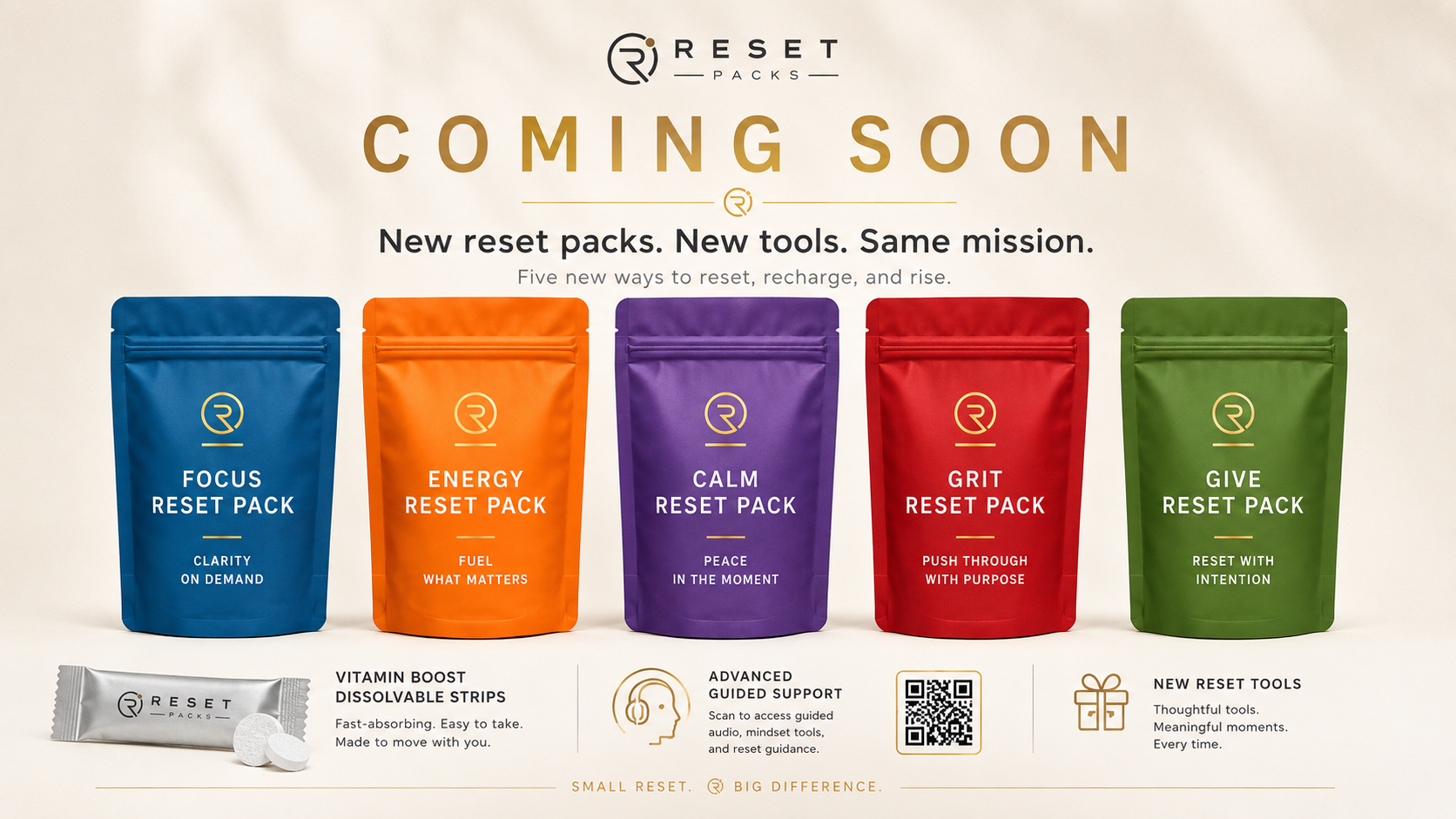 Reset Packs Coming Soon — Focus, Energy, Calm, Grit, Give Reset Packs with Vitamin Boost Dissolvable Strip