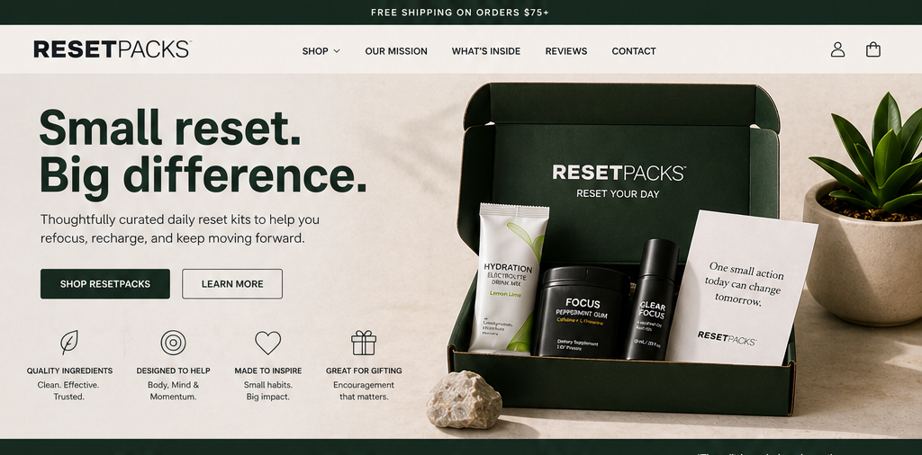 RESETPACKS hero product showcase with open box, hydration stick, focus gum, scent product, stone, and action card