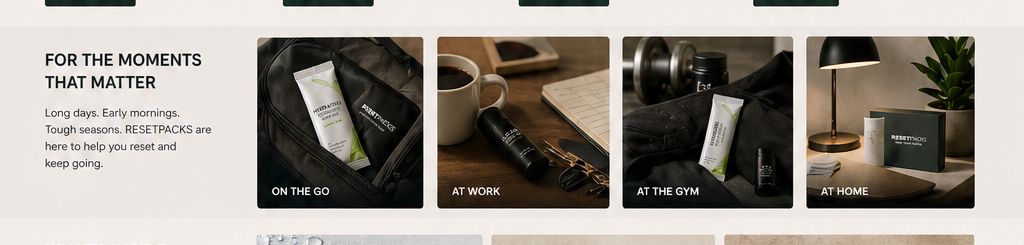RESETPACKS use cases including on the go, at work, at the gym, and at home