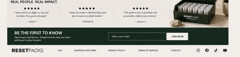 RESETPACKS reviews, newsletter signup, and footer mockup